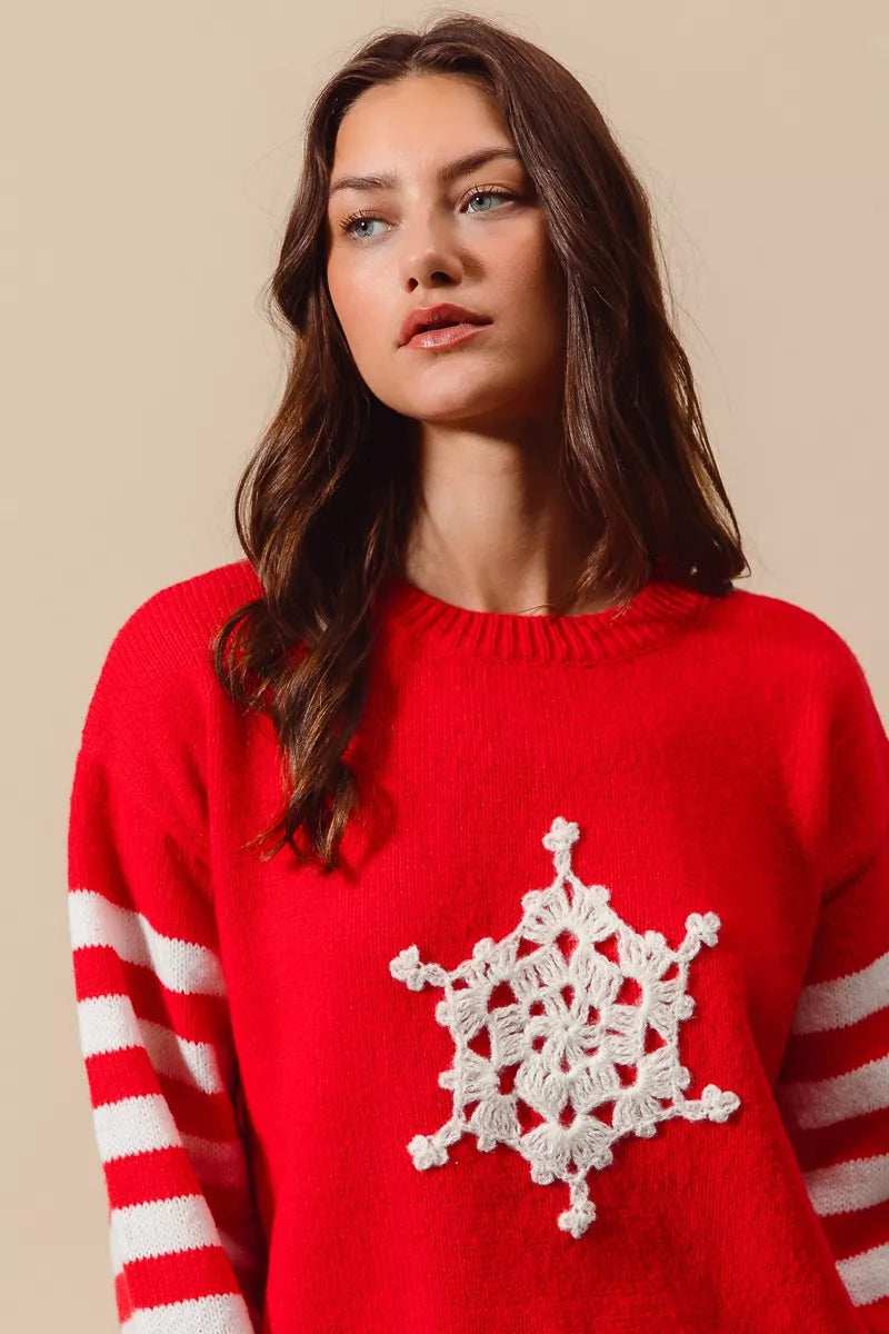 SO ME Christmas Snowflake Crochet Embellished Sweater - Trendsi - Flyclothing LLC