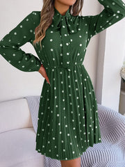 Polka Dot Tie Neck Pleated Dress - Trendsi