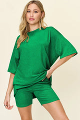 Double Take Full Size Texture Round Neck Drop Shoulder T-Shirt and Shorts Set - Trendsi - Flyclothing LLC