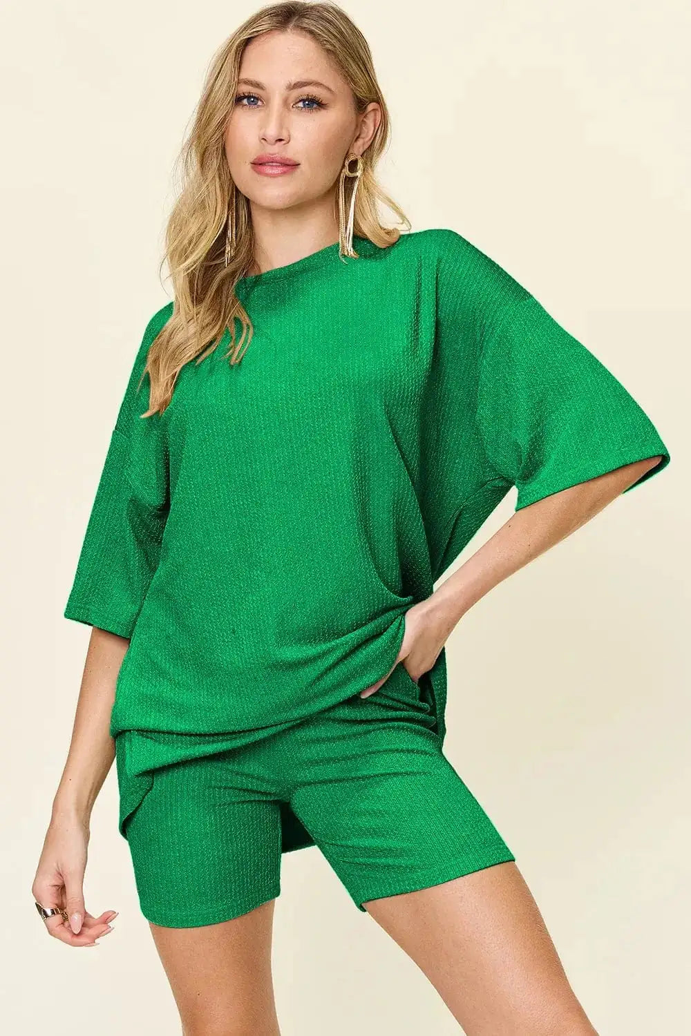 Double Take Full Size Texture Round Neck Drop Shoulder T-Shirt and Shorts Set - Trendsi