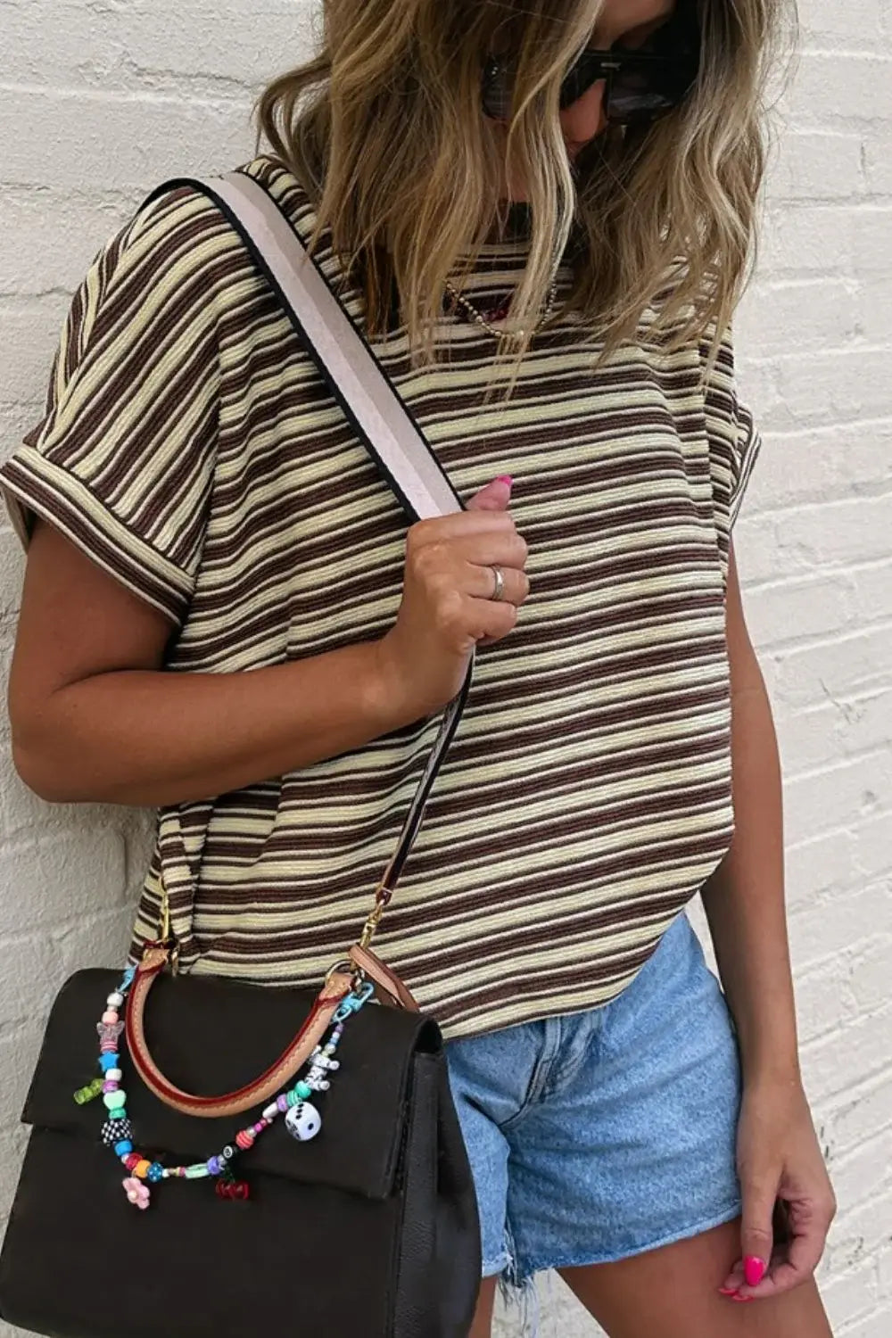 Stripe Textured Side Slit Crew Neck T-Shirt - Trendsi - Flyclothing LLC