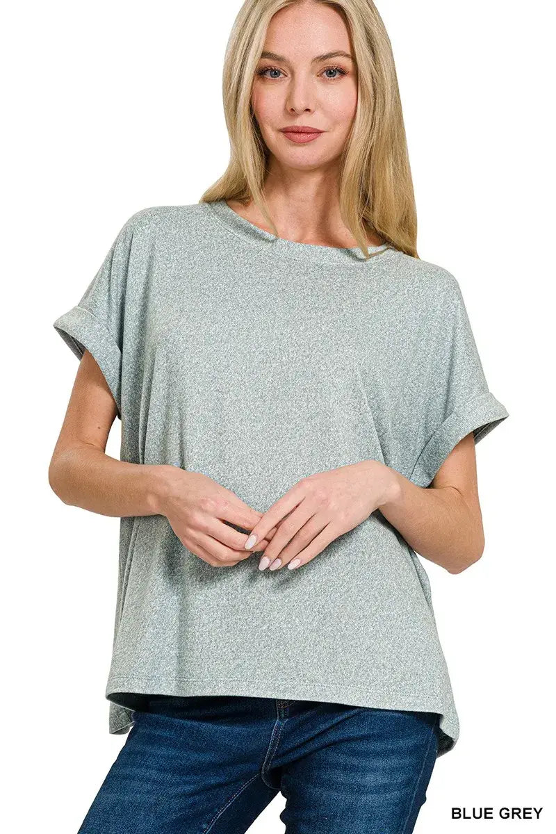 Zenana Soft Melange Hacci Short Sleeve Round Neck Top - Trendsi - Flyclothing LLC