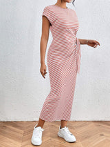 Tied Striped Round Neck Short Sleeve Tee Dress - Trendsi - Flyclothing LLC