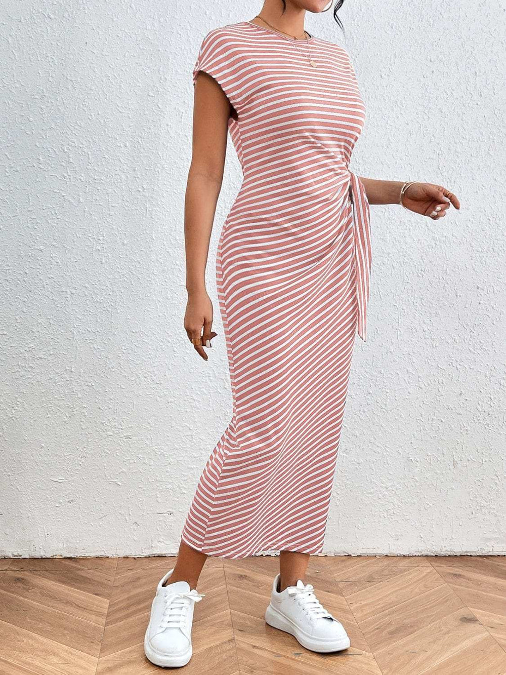 Tied Striped Round Neck Short Sleeve Tee Dress - Trendsi - Flyclothing LLC