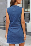 Full Size Button Up V-Neck Sleeveless Denim Dress - Trendsi