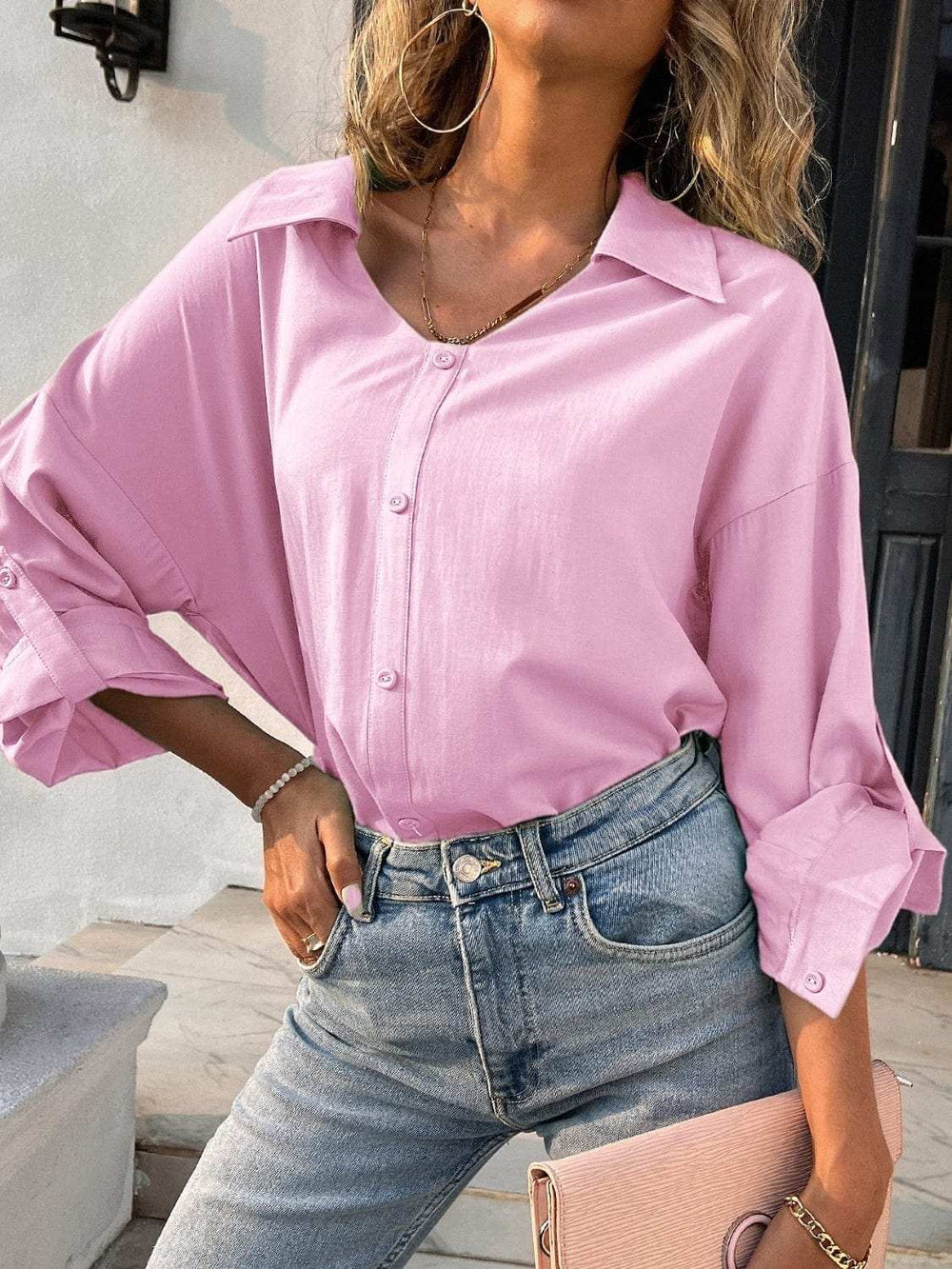 Button Down Collared Neck Long Sleeve Shirt - Trendsi - Flyclothing LLC