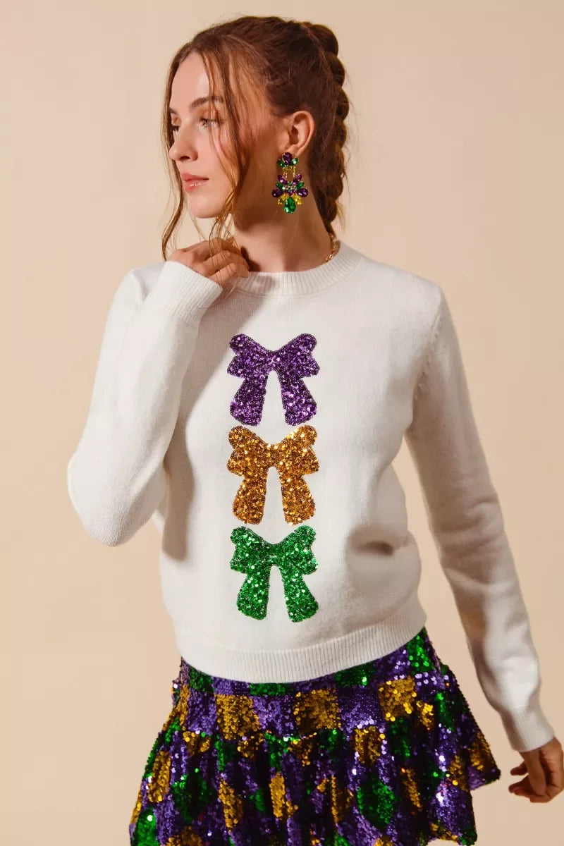 SO ME Mardi Gras Sequins Bow Ribbon Embellished Sweater - Trendsi - Flyclothing LLC