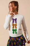 SO ME Mardi Gras Sequins Bow Ribbon Embellished Sweater - Trendsi - Flyclothing LLC