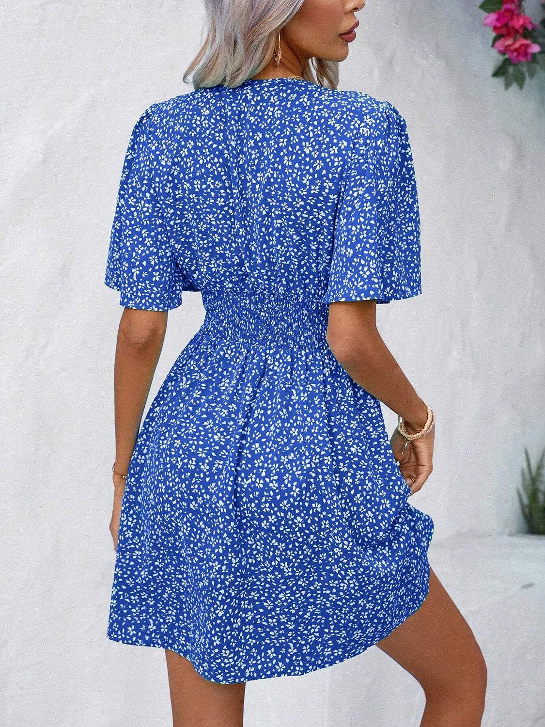 Printed V-Neck Half Sleeve Mini Dress - Trendsi - Flyclothing LLC