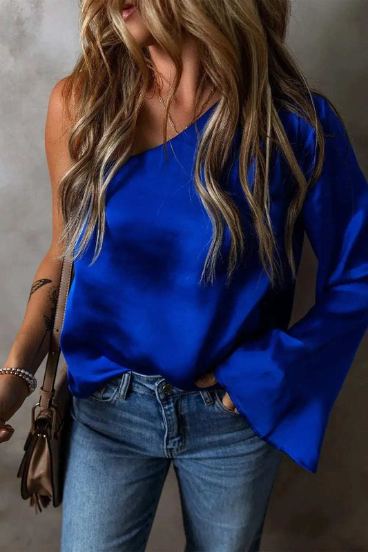 One Shoulder Long Sleeve Blouse - Trendsi - Flyclothing LLC