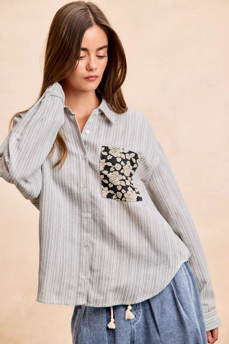 BiBi Flower Jacquard Knit Patch Pocket Stripe Shirt - Trendsi - Flyclothing LLC
