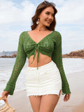 Drawstring Openwork Long Sleeve Cover-Up - Trendsi - Flyclothing LLC