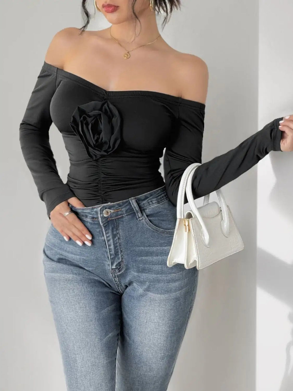 Perfee Ruched Flower Off-Shoulder Long Sleeve Bodysuit - Trendsi