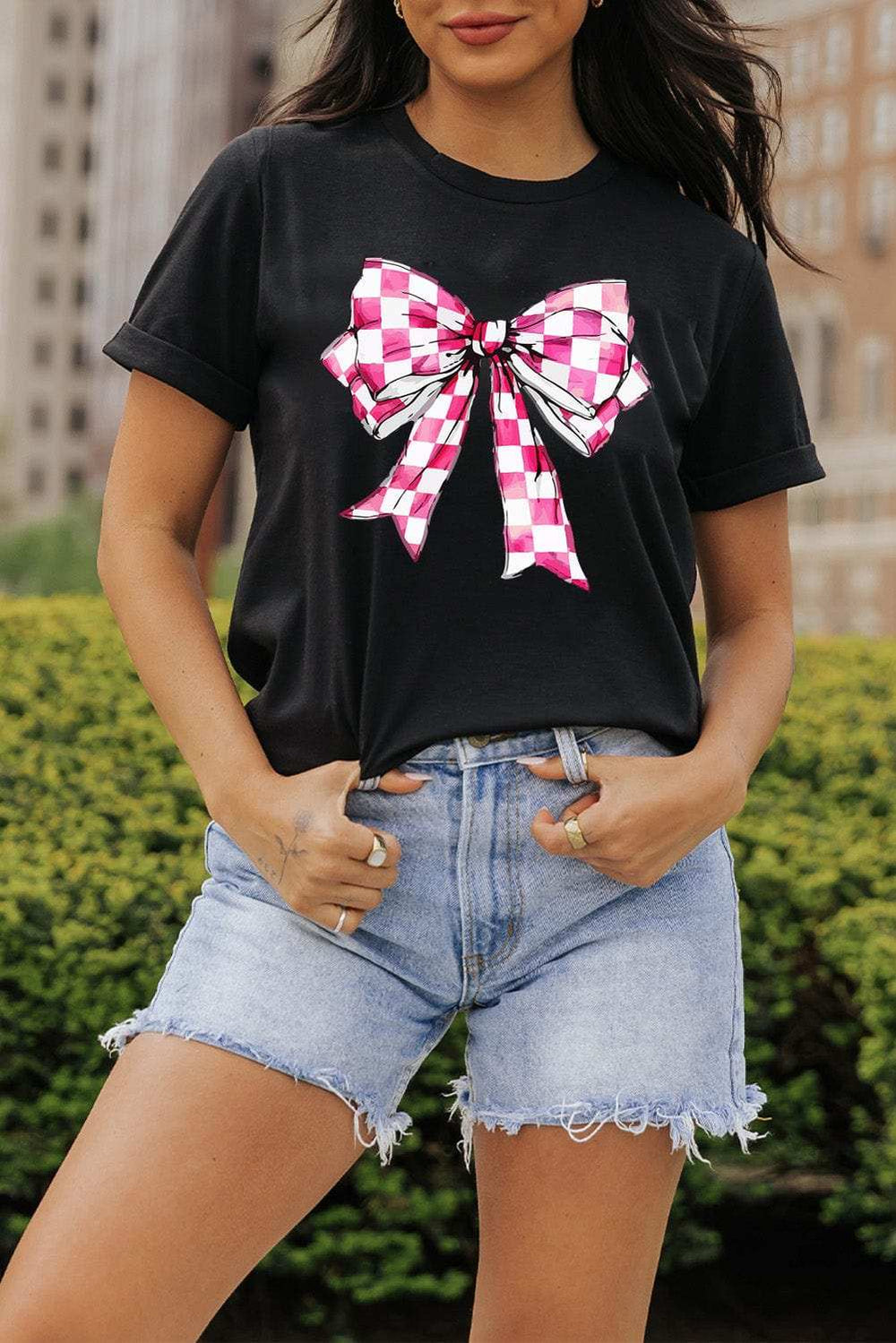 Bow Graphic Round Neck Short Sleeve T-Shirt - Trendsi - Flyclothing LLC