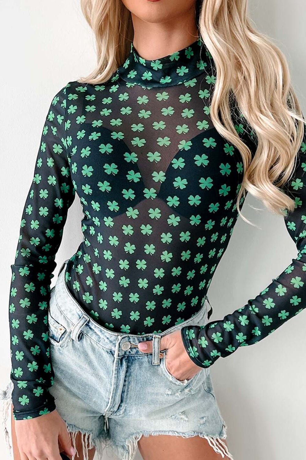 Lucky Clover Mock Neck Long Sleeve Bodysuit - Trendsi