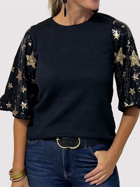 Sequin Round Neck Half Sleeve Blouse - Trendsi - Flyclothing LLC
