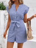 Striped Notched Tie Waist Romper - Trendsi