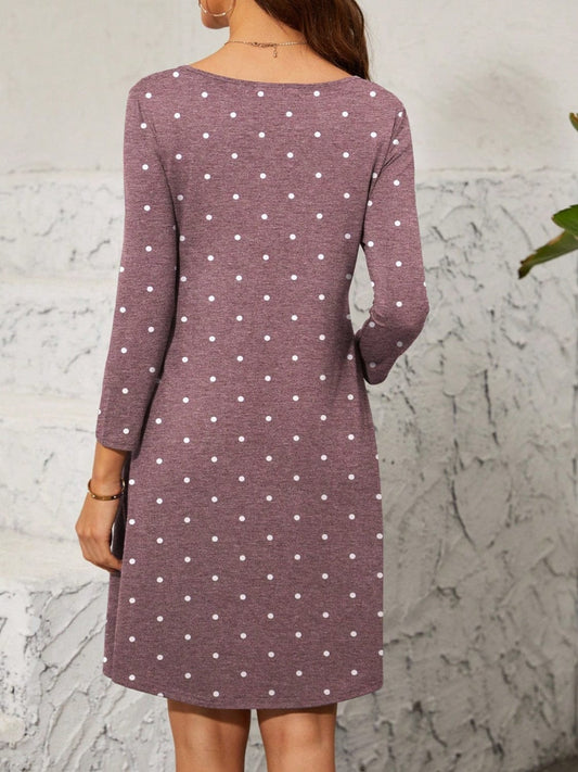Polka Dot Quarter Zip Long Sleeve Dress - Trendsi