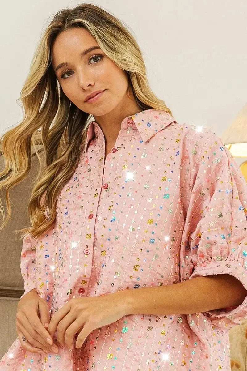 BiBi Sequin Striped Short Dolman Sleeve Blouse - Trendsi - Flyclothing LLC