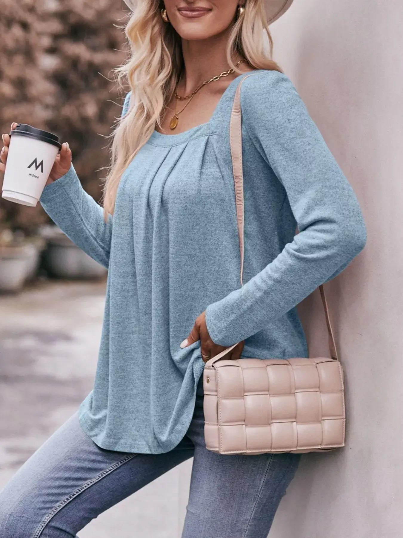 Pleated Square Neck Long Sleeve T-Shirt - Trendsi - Flyclothing LLC