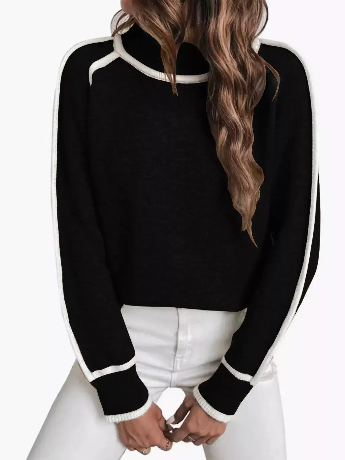Full Size Turtleneck Contrast Trim Sweater Plus Size - Trendsi - Flyclothing LLC