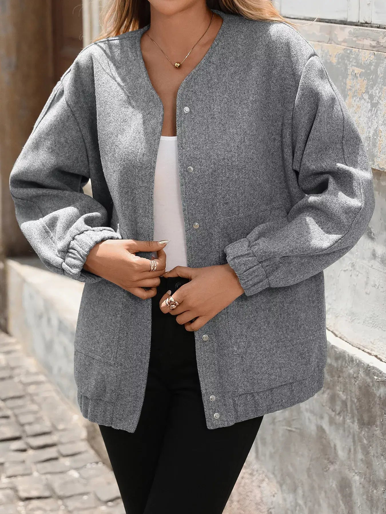 Snap Down Dropped Shoulder Jacket - Trendsi - Flyclothing LLC