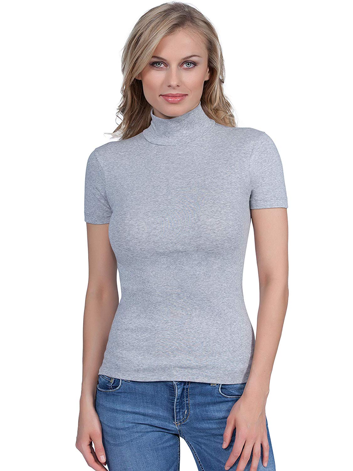 Basic Cotton Women's Short-Sleeve Mock-Neck Shirt 676 — Made in Italy