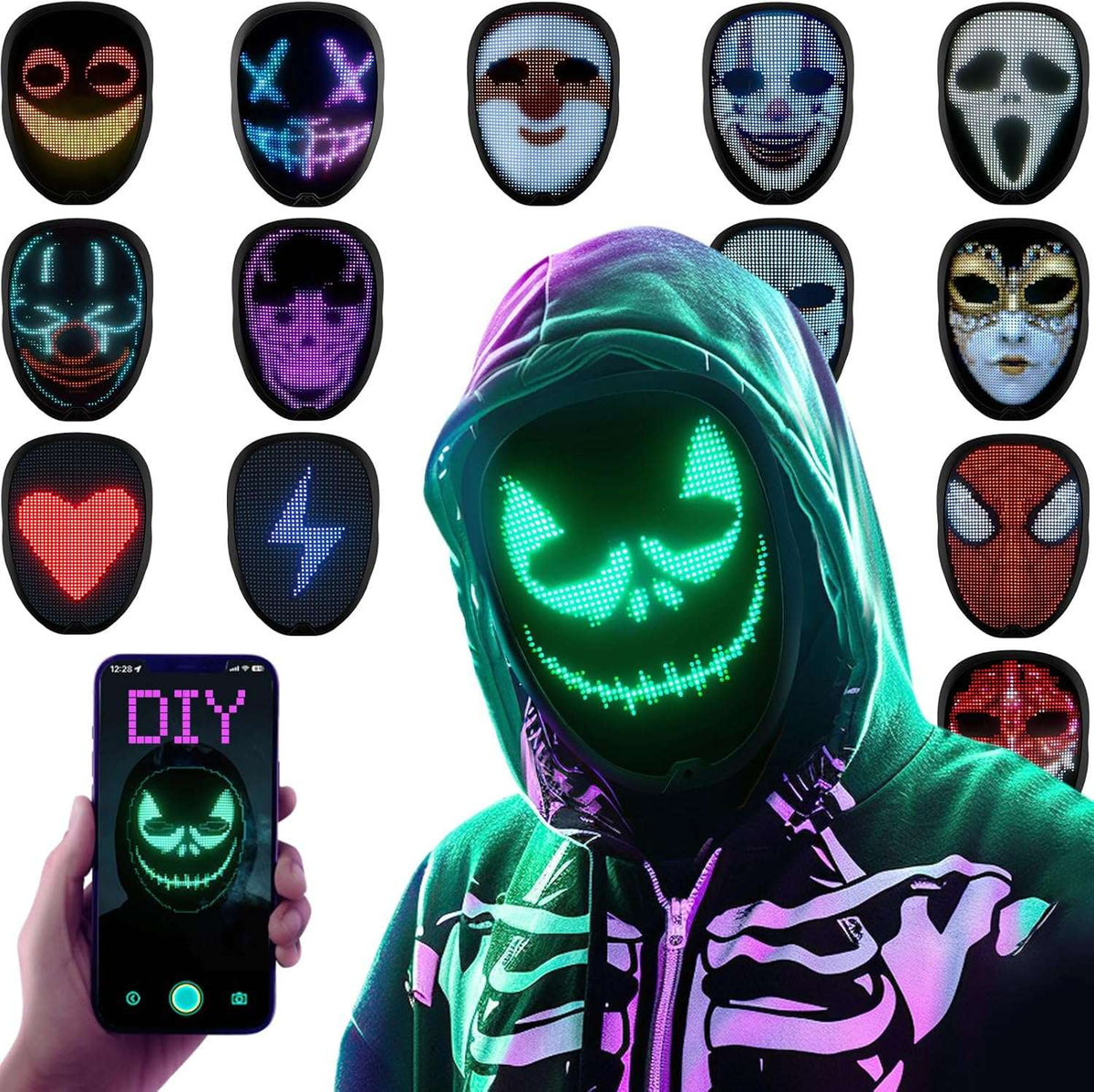 Halloween LED Mask with Programmable App & Gesture Sensing, DIY Unisex LED Lighted Face Transforming Mask, Perfect Gift for Halloween Costume Cosplay,Masquerade - SHOMICOBOUTIQUE - Flyclothing LLC