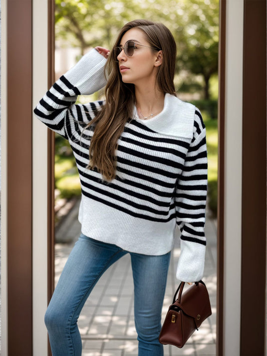 Striped Collared Neck Long Sleeve Sweater - Trendsi
