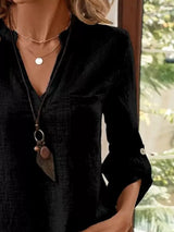 Casual V-Neck Roll-Sleeve T-Shirt with Pocket - Trendsi - Flyclothing LLC