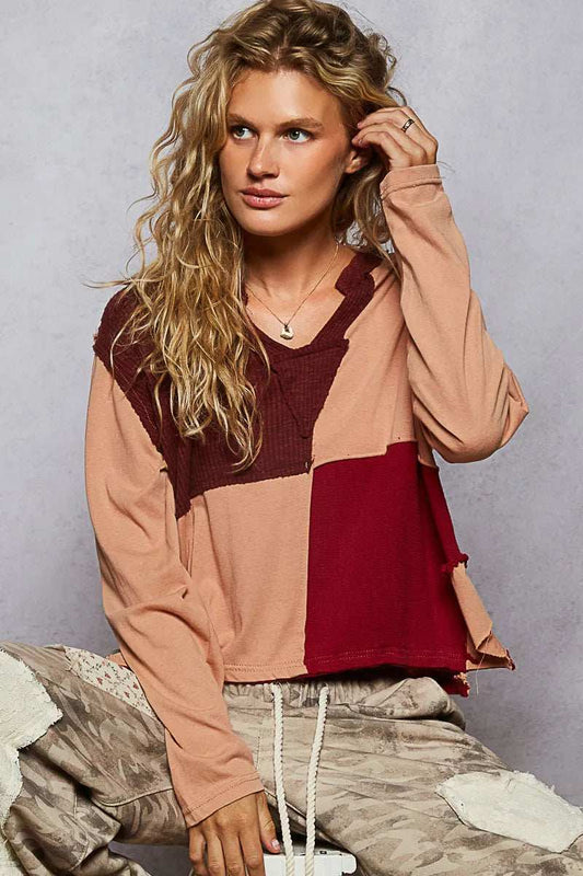 POL Color Block Notched Long Sleeve T-Shirt - Trendsi - Flyclothing LLC