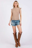 Ces Femme Texture Mock Neck Ruffle Cap Sleeve Blouse - Trendsi - Flyclothing LLC