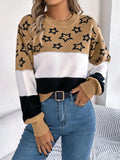 Star Contrast Round Neck Sweater - Trendsi