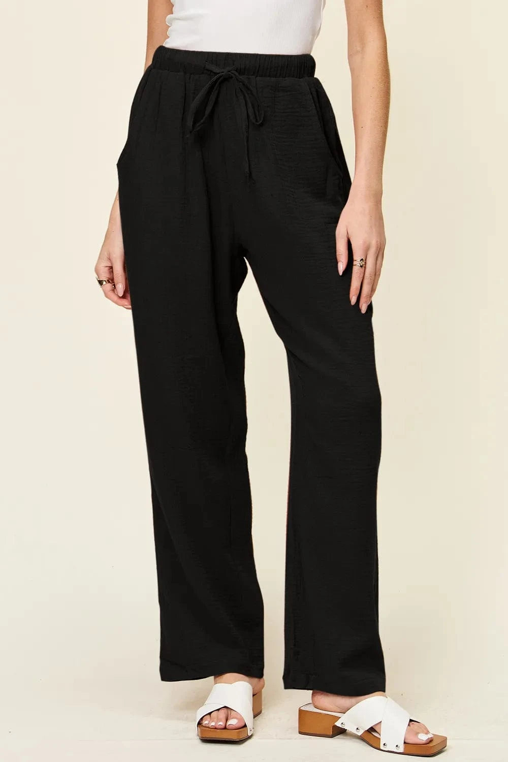 Double Take Full Size Texture Drawstring Straight Pants - Trendsi