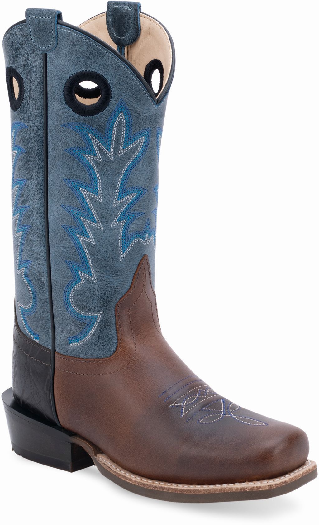 Old West Burnt Brown Foot with Printed Black Counter Milled Crunchy Blue Shaft Children's Medium Square Toe Boots