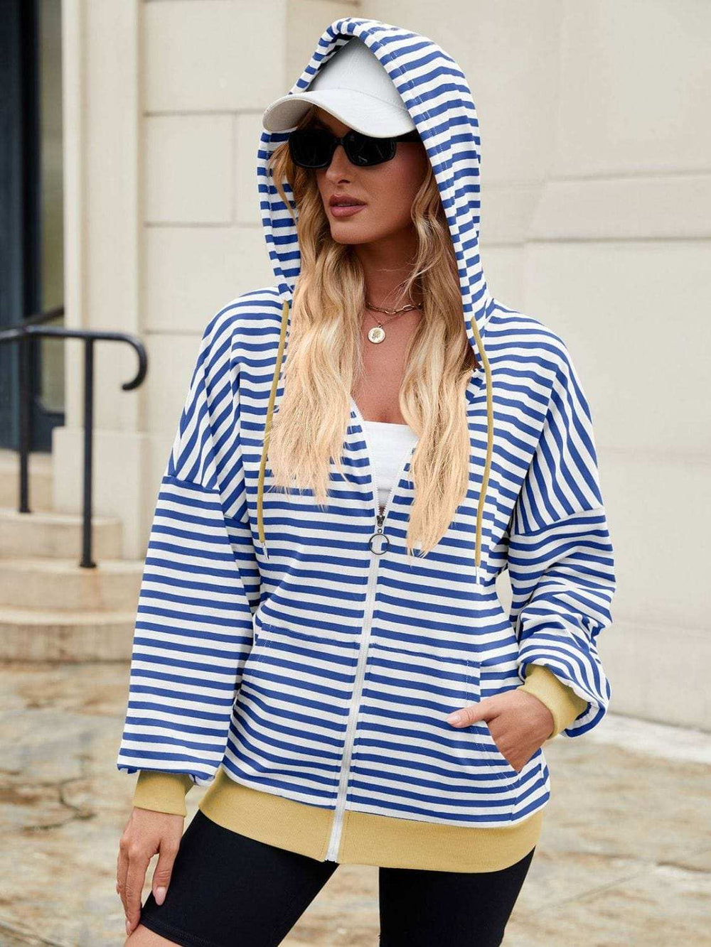 Drawstring Striped Zip Up Long Sleeve Hoodie - Trendsi - Flyclothing LLC