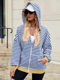 Drawstring Striped Zip Up Long Sleeve Hoodie - Trendsi - Flyclothing LLC