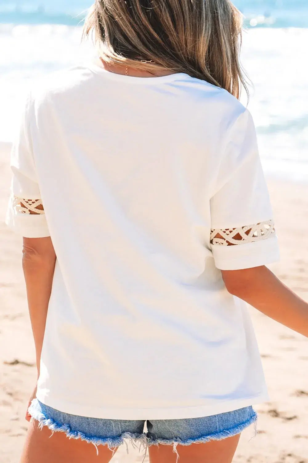 Lace Crochet Crew Neck Casual T Shirt - Trendsi - Flyclothing LLC