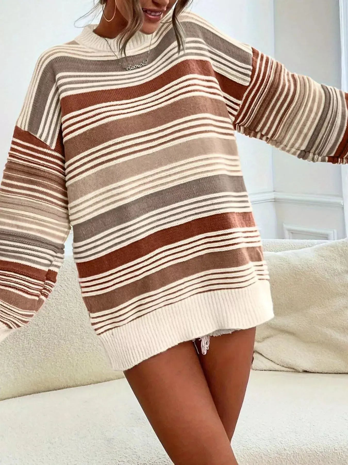 Striped Knit Long Sleeve Sweater - Trendsi - Flyclothing LLC