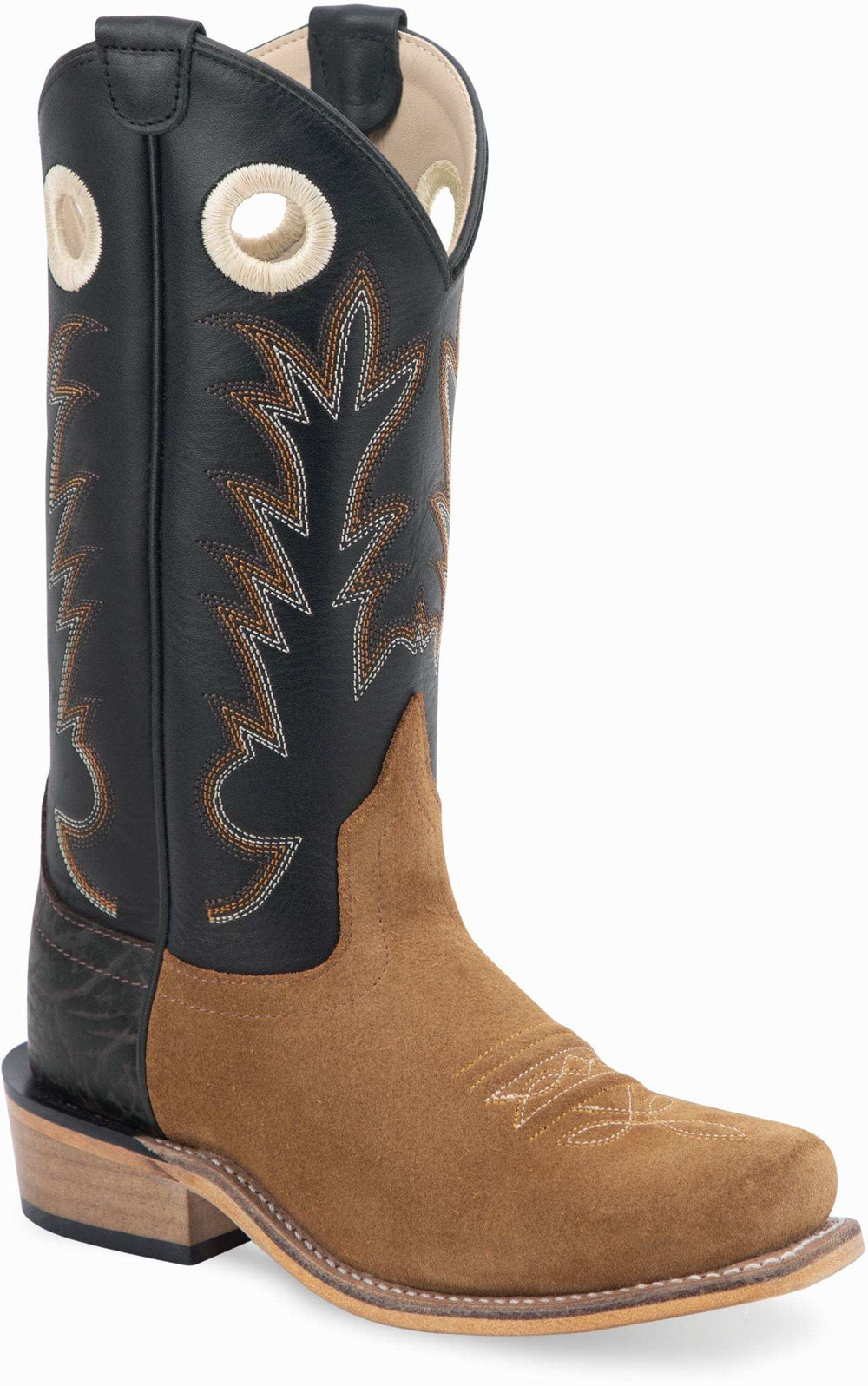 Old West Light Brown Suede Foot with Printed Black Counter Black Shaft Youth's Medium Square Toe Boots - Old West
