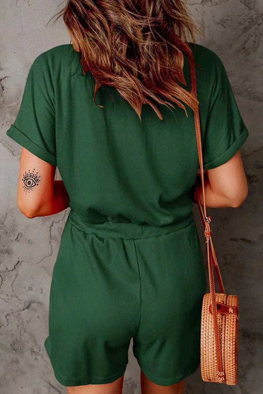 Full Size Drawstring V-Neck Short Sleeve Romper - Trendsi - Flyclothing LLC