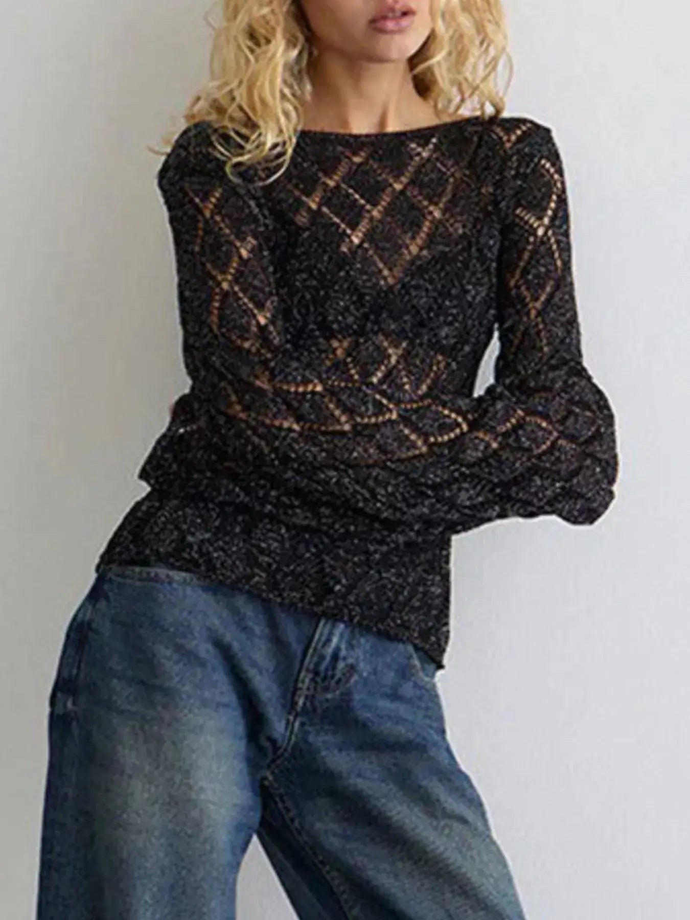 Openwork Long Sleeve Sweater - Trendsi - Flyclothing LLC