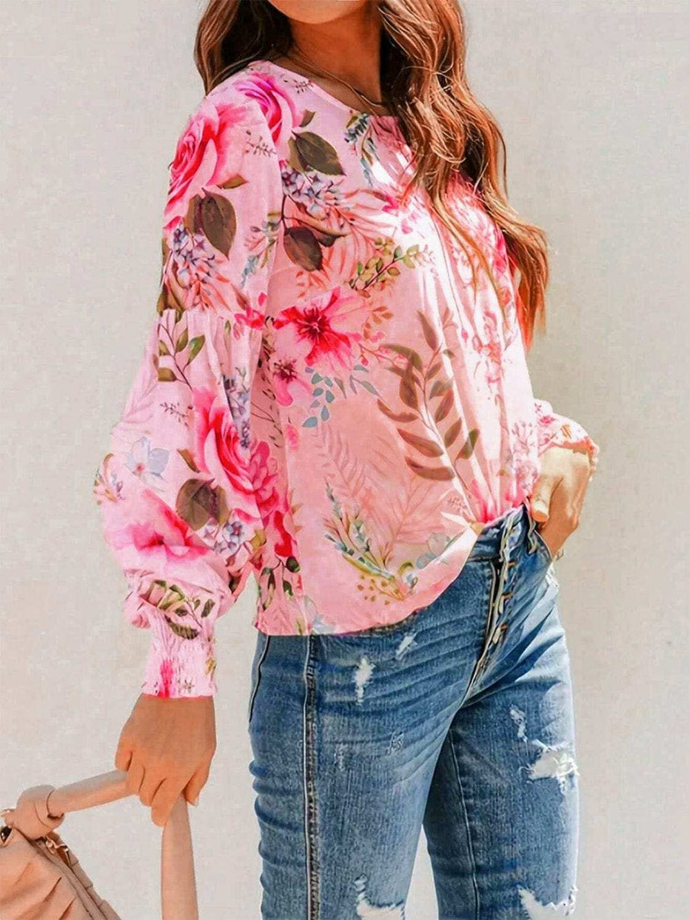 Smocked Printed Round Neck Lantern Sleeve Blouse - Trendsi - Flyclothing LLC