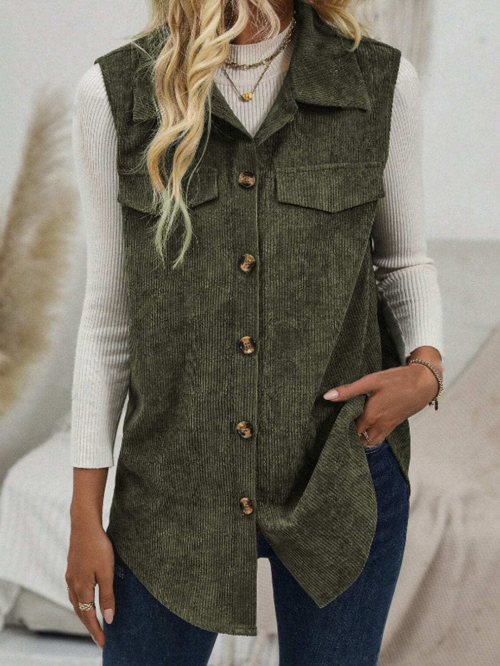 Button Up Collared Neck Vest Coat - Trendsi - Flyclothing LLC