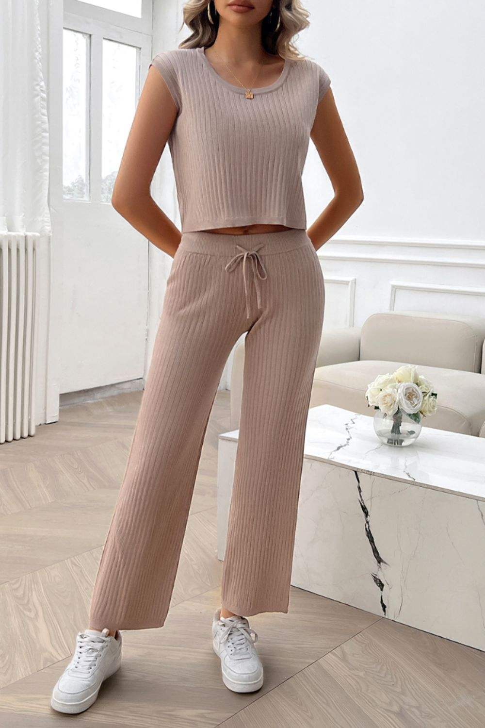 Ribbed Round Neck Top and Pants Set - Trendsi - Flyclothing LLC