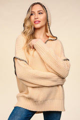 Haptics Contrast Stitching Long Sleeve Hooded Sweater - Trendsi