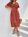 Slit Striped V-Neck Short Sleeve Midi Dress - Trendsi