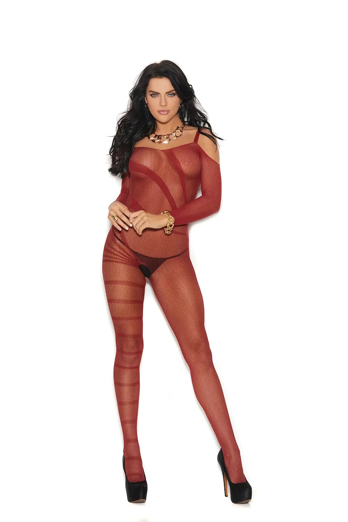 Elegant Moments Crochet burnout cold shoulder bodystocking with open crotch - Elegant Moments - Flyclothing LLC