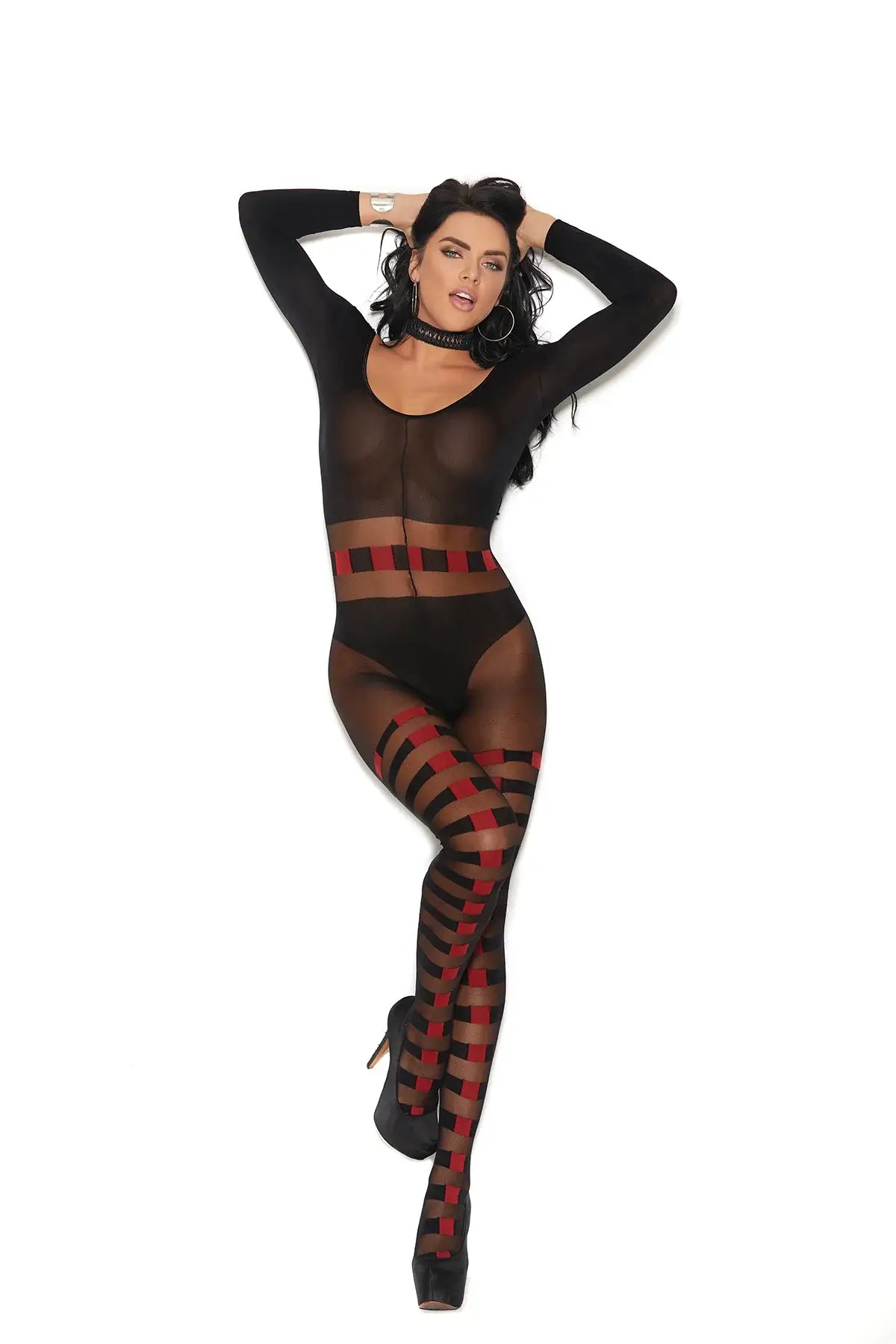 Elegant Moments Sheer and opaque long sleeve bodystocking with horizontal stripes and open crotch - Elegant Moments - Flyclothing LLC