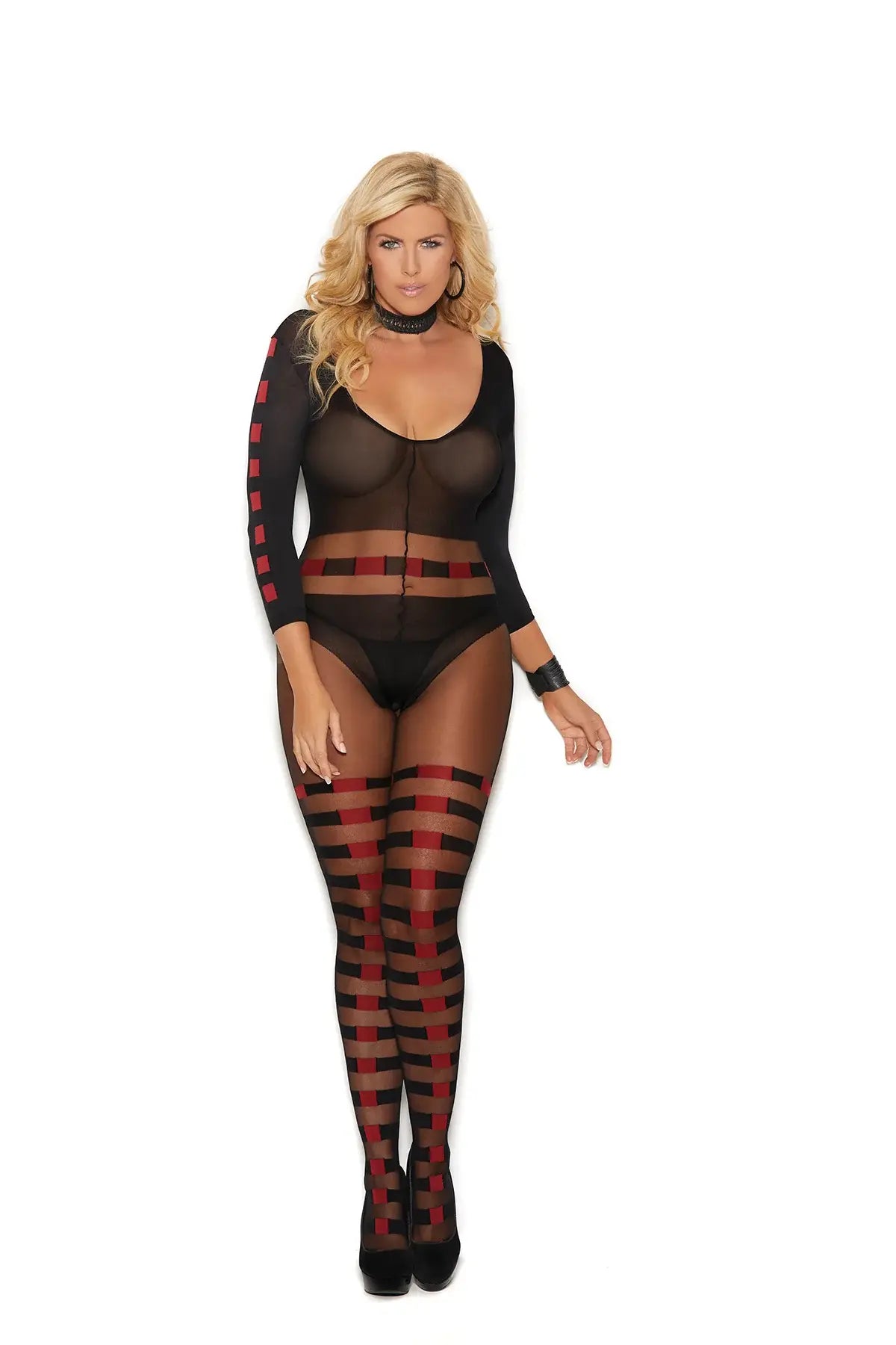 Elegant Moments Sheer and opaque long sleeve bodystocking with horizontal stripes and open crotch - Elegant Moments - Flyclothing LLC